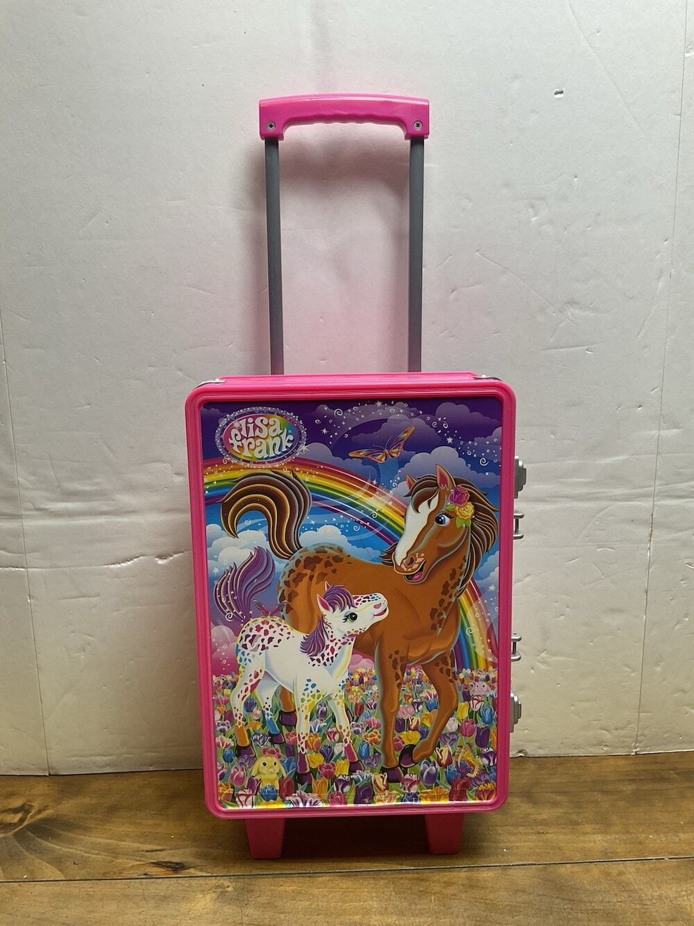 Vintage Lisa Frank Horses Rainbow Chaser Lollipop Pink Rolling Suitcase 90s Y2K